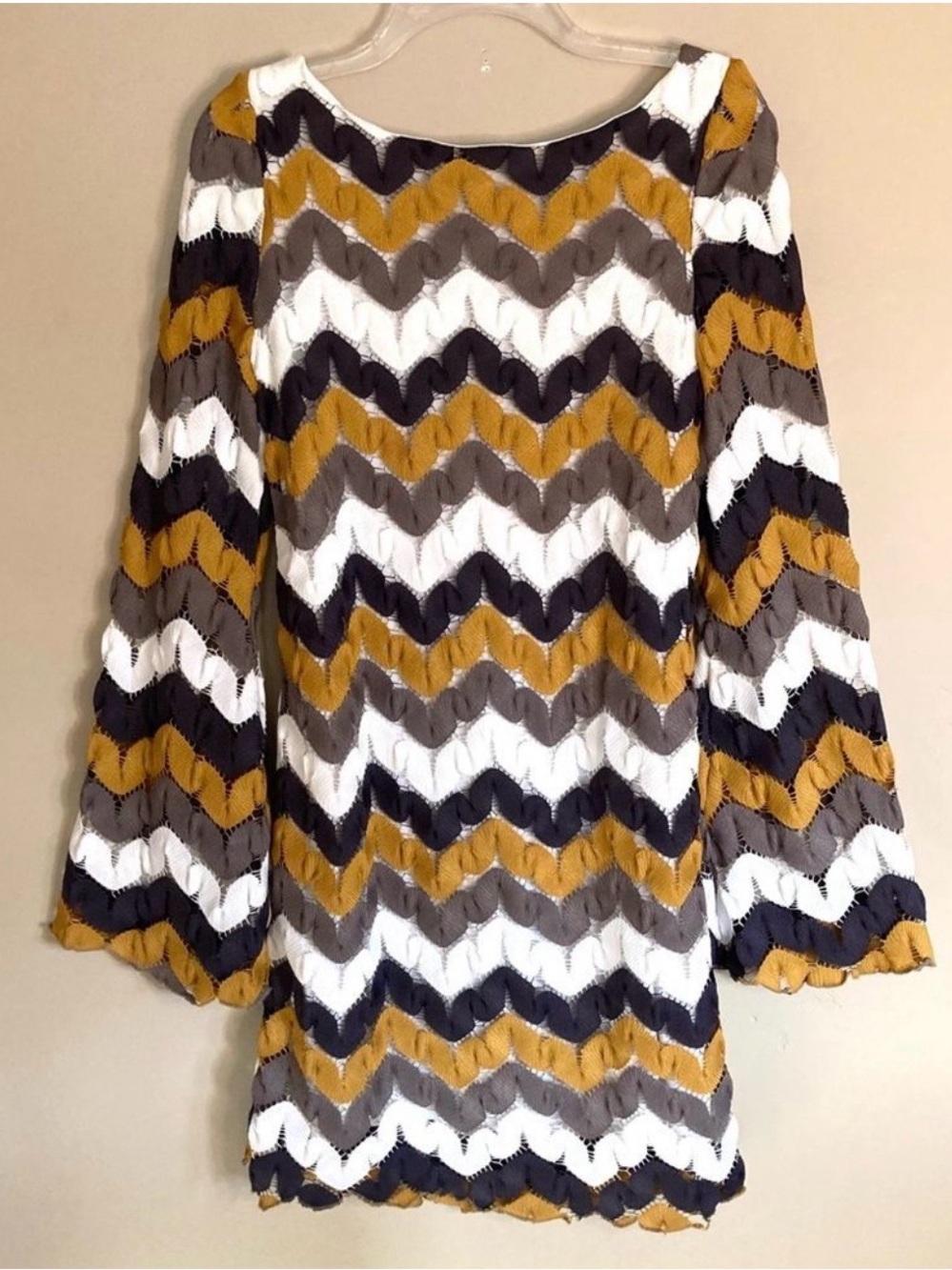 Anthropologie Chevron Knit Mini Dress in Mustard, White, Gray, and Navy